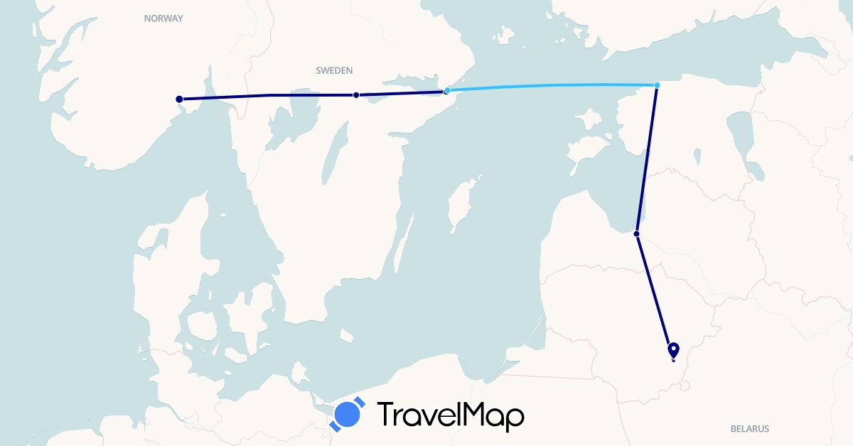 TravelMap itinerary: driving, boat in Estonia, Lithuania, Latvia, Norway, Sweden (Europe)